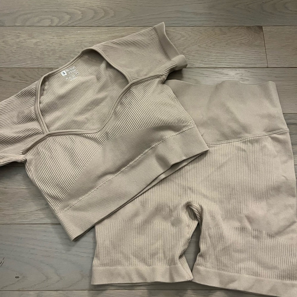 Beige Ribbed Two-Piece Set